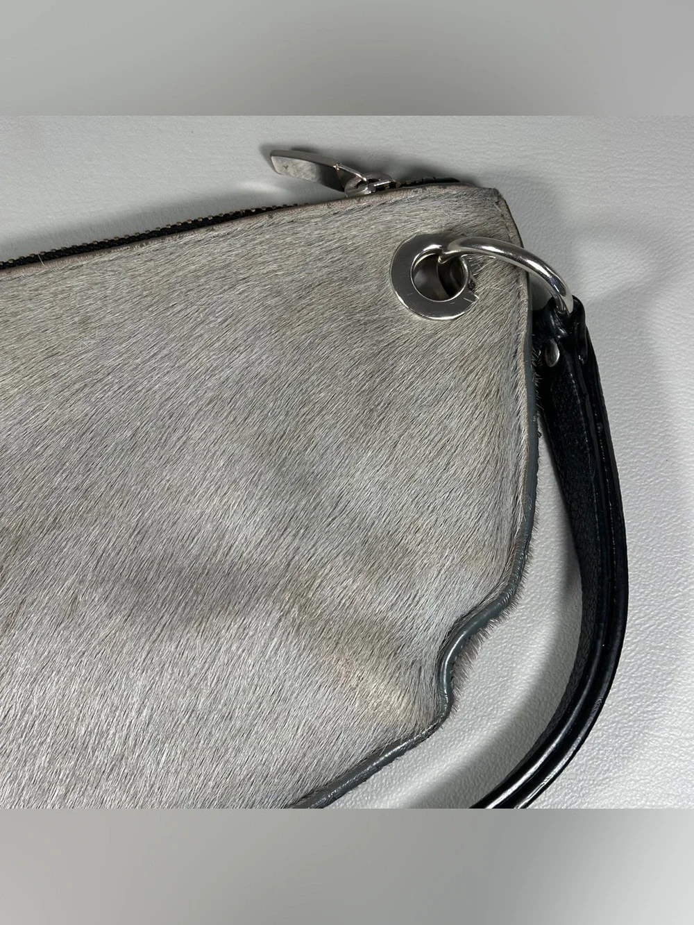 PUNTO FIBBIA Italian Calf Hair Genuine Leather Half Circle Wristlet Clutch